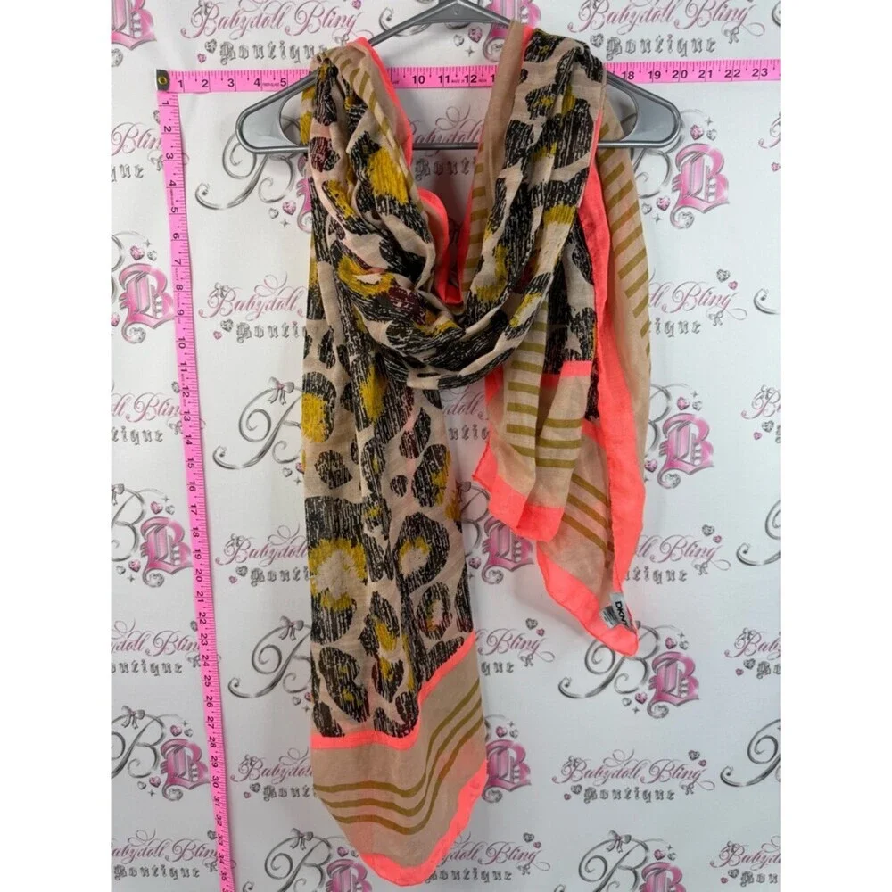 DKNY scarf scarve wrap bright orange Neon Coral and Beige Floral Stripe Scarf
